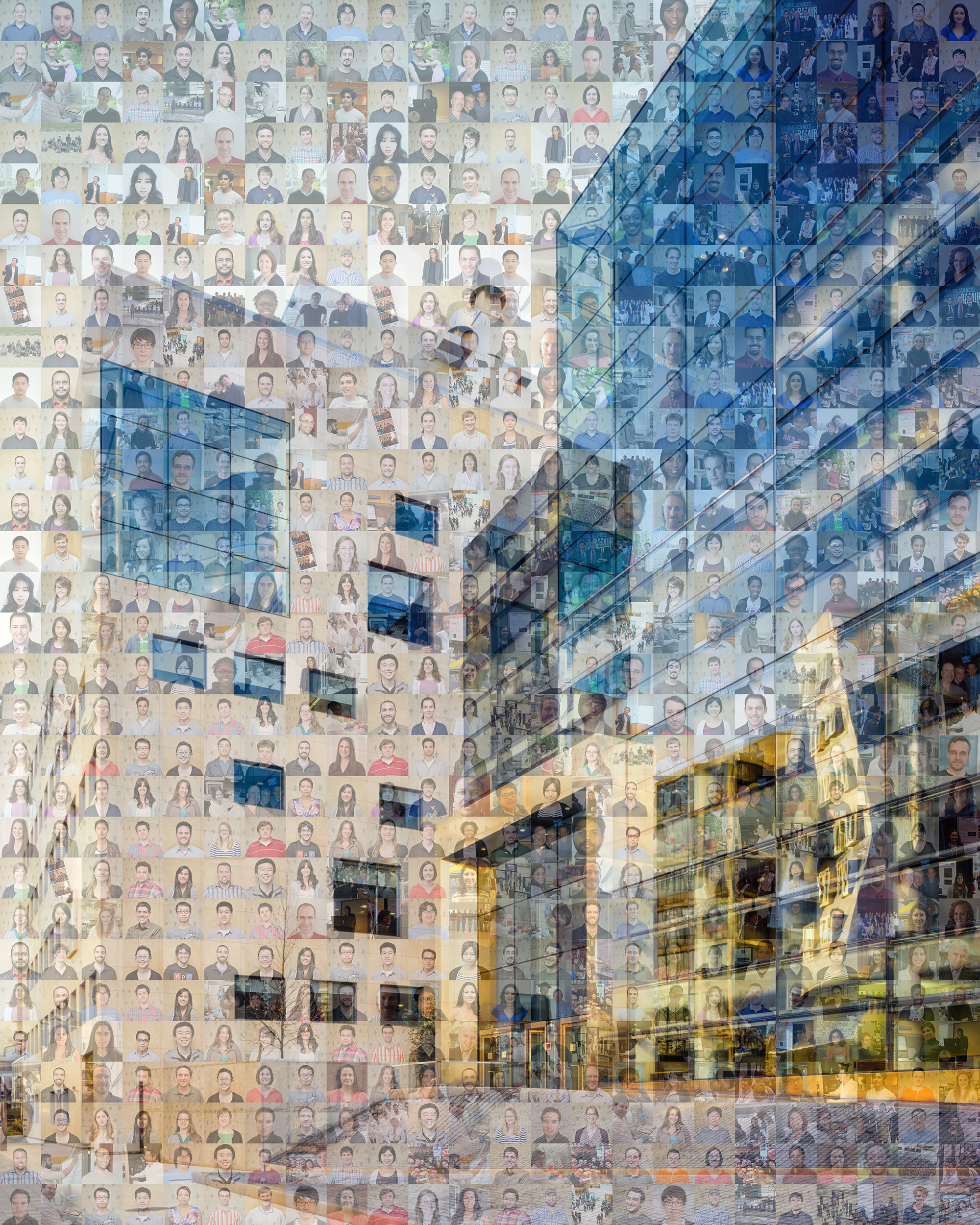 A photocollage of alumni pictures composes an image of Building 46 from the perspective of a person standing on Vassar Street