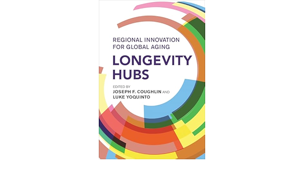 A picture of the cover of Longevity Hubs shows the title mostly encircled by arcs of many different colors