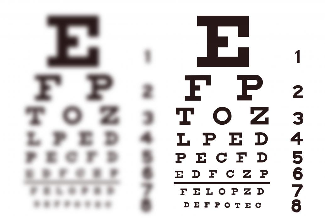 Two eye charts used for testing vision are side by side. One is blurry while the other is crisp.