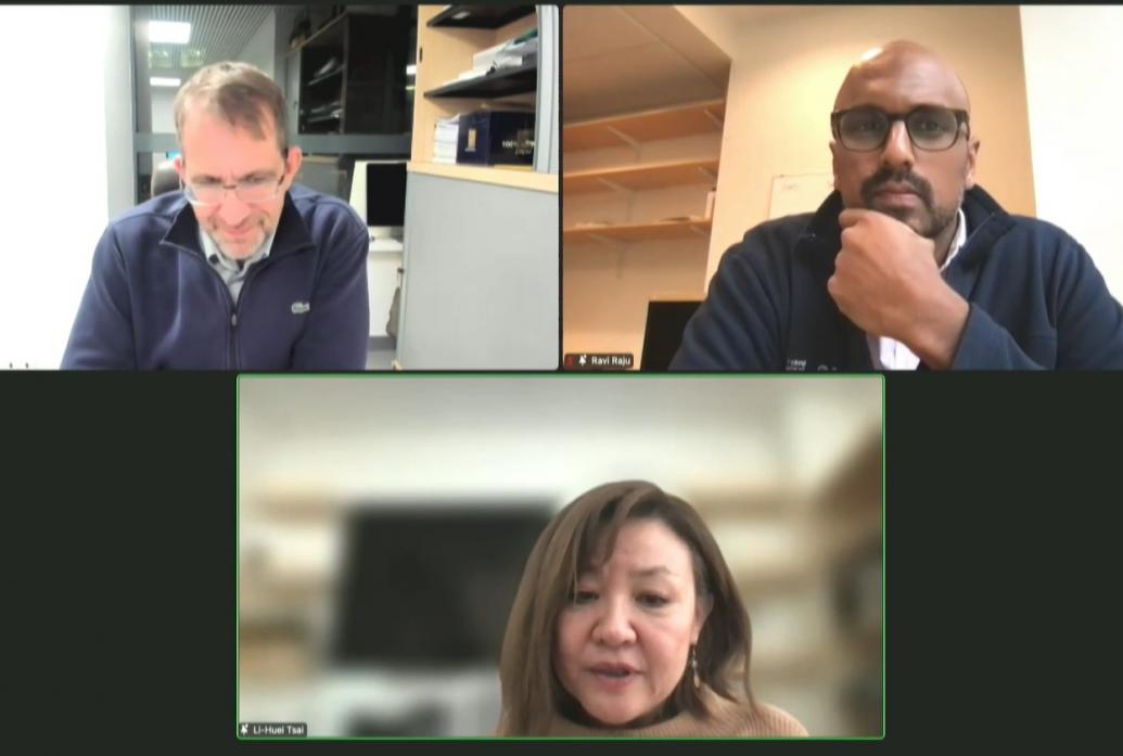 Three images are stacked in the frame. Across the top are head and shoulders pictures of Michael Heneka on the left and Ravi Raju on the right. They are listening as Li-Huei Tsai (on the bottom) speaks.