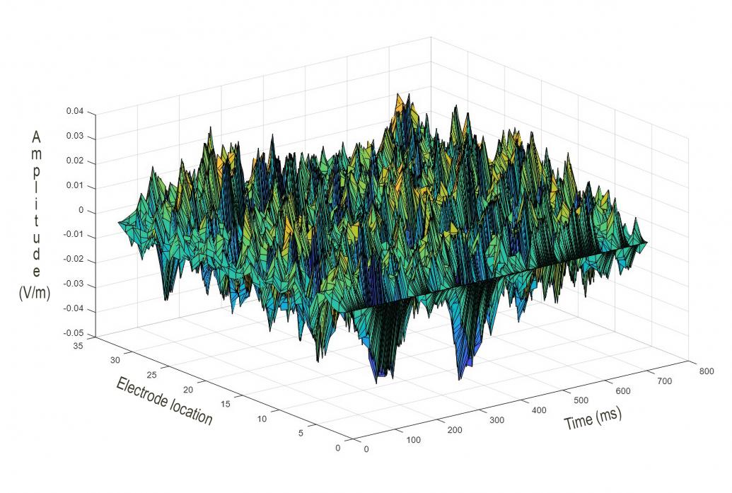 A three dimensional graph shows a very bumpy surfaceof blue and green. The z-axis is labeled field amplitude in volts per meter, the y axis is electrode location and the x axis is time in miliseconds.