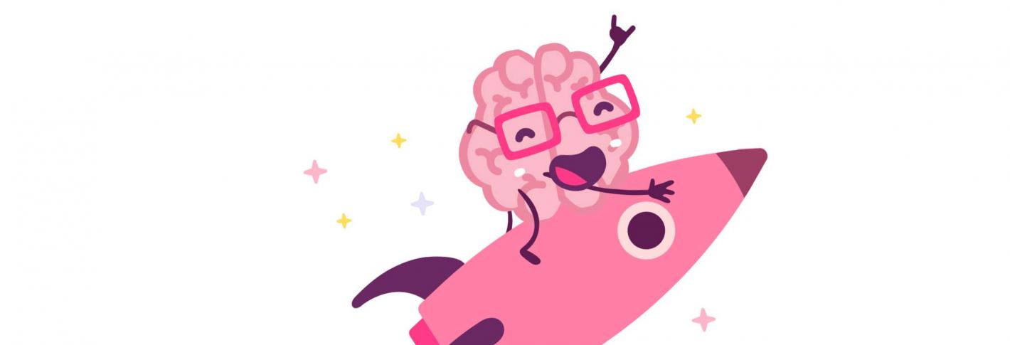 A smiling cartoon brain holds a triumphant hand up as it rides on the back of a pink rocket into space