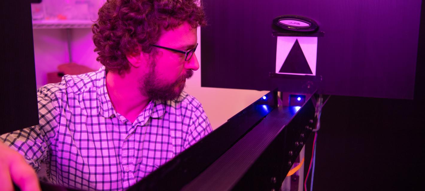 A postdoc examines a maze used for memory testing.