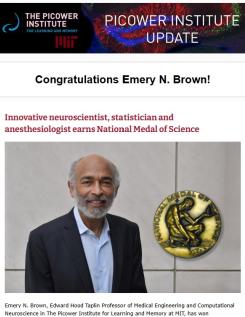 A newsletter screenshot shows a picture of Emery N. Brown next to an image of the National Medal of Science