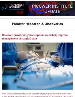 E-news screenshot features an image of surgeons using instruments on a patient in an operating room. The headline is "Research quantifying 'nociception' could help improve management of surgical pain."